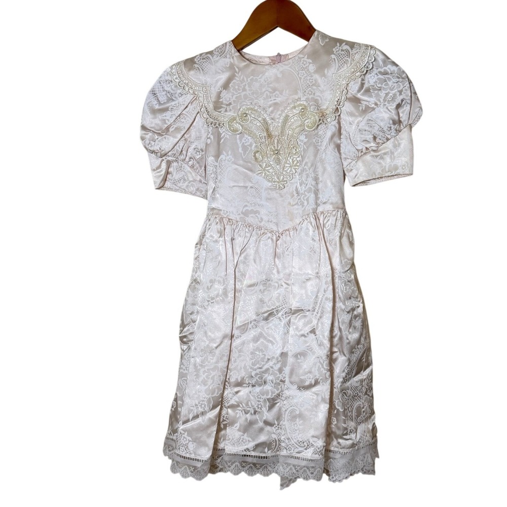 Vintage Gunne Sax Girls Dress 6 Champagne Lace Pearl Damask Victorian Formal USA